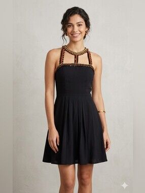Cynthia Steffe Black Mini Dress with Gold & Orange Beaded Halter